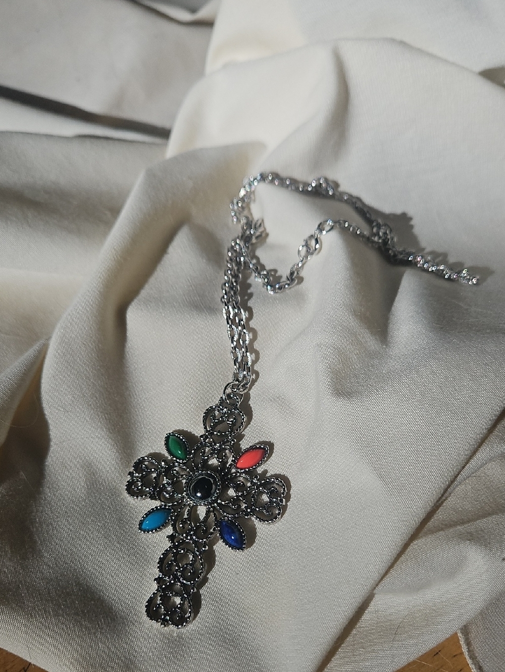 Silver Cross Pendant Necklace with Multicolor Stones